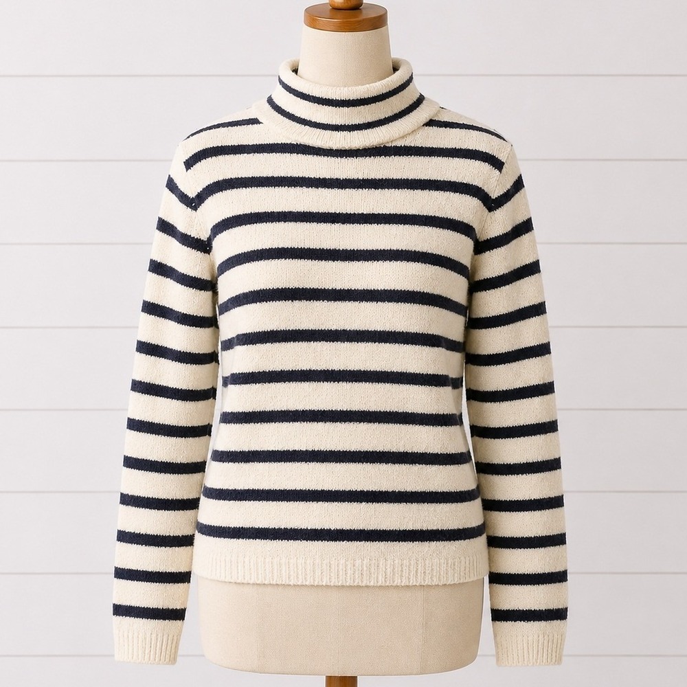 J.Crew Cozy Rollneck Pullover Sweater Striped Navy Blue Cream Preppy Soft Small